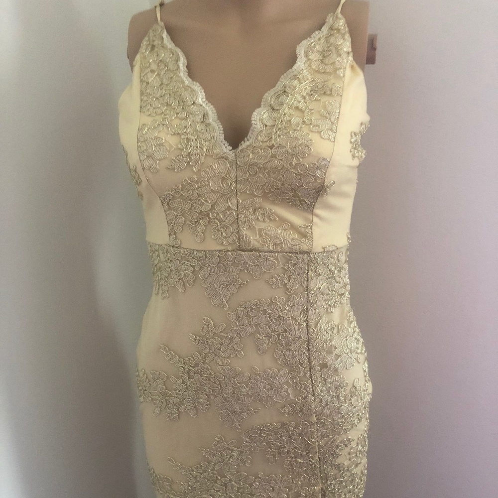 Windsor Cream to  White-Tan Lace Formal Dress for Events: Wedding, Dinner, Date